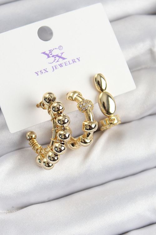 Pirinç Zİrkon Taşlı Halka Model Gold Renk 3'lü Kadın Küpe