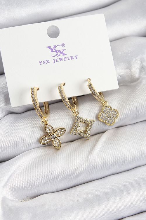 Pirinç Zİrkon Taşlı Yonca Model Gold Renk 3'lü Kadın Küpe