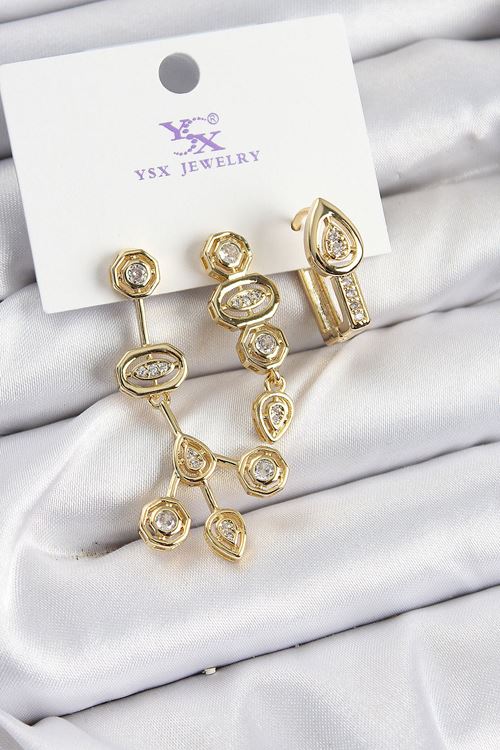 Pirinç Zİrkon Taşlı Geometrik Model Gold Renk 3'lü Kadın Küpe