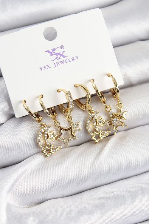 Pirinç Zİrkon Taşlı Ay ve Yıldız Model Gold Renk 3'lü Çift Kadın Küpe