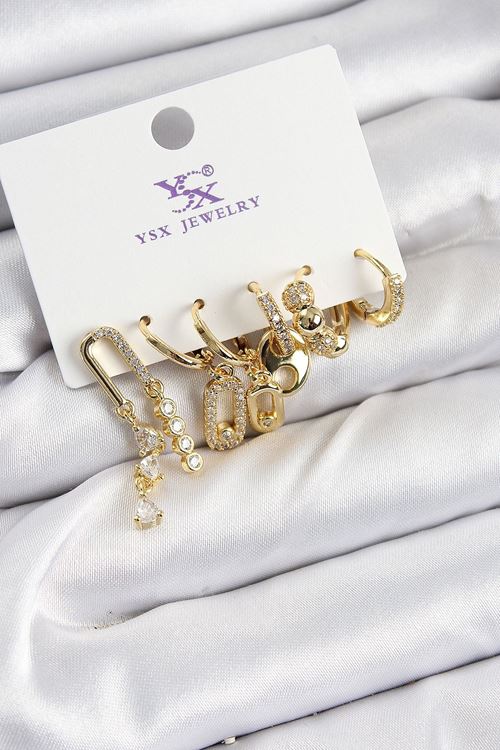 Pirinç Zİrkon Taşlı Dikdörtgen Model Gümüş Renk 3'lü Çift Kadın Küpe