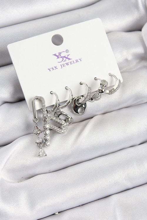 Pirinç Zİrkon Taşlı Dikdörtgen Model Gümüş Renk 3'lü Çift Kadın Küpe