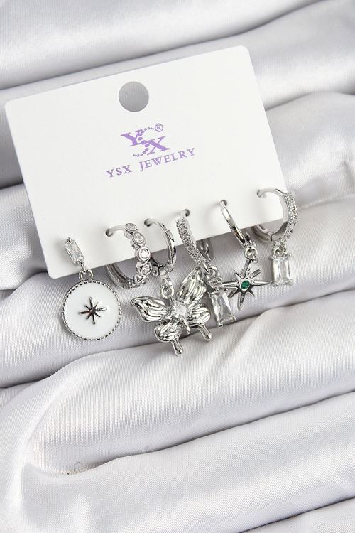 Pirinç Zİrkon Taşlı Kelebek ve Yıldız Model Gümüş Renk 3'lü Çift Kadın Küpe