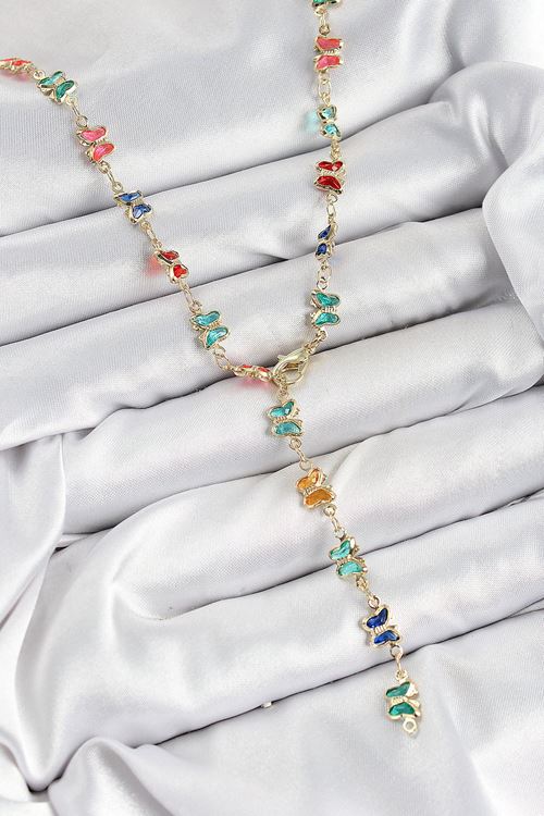 Pirinç Renkli Zirkon Taşlı Kelebek Model Gold Renk Kadın Y Kolye