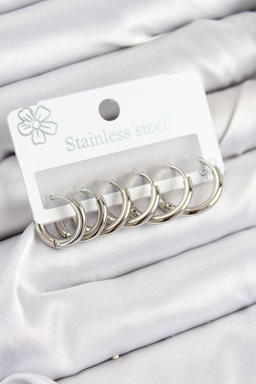 316L Çelik Halka Model Gümüş Renk 3'lü Set Kadın Küpe