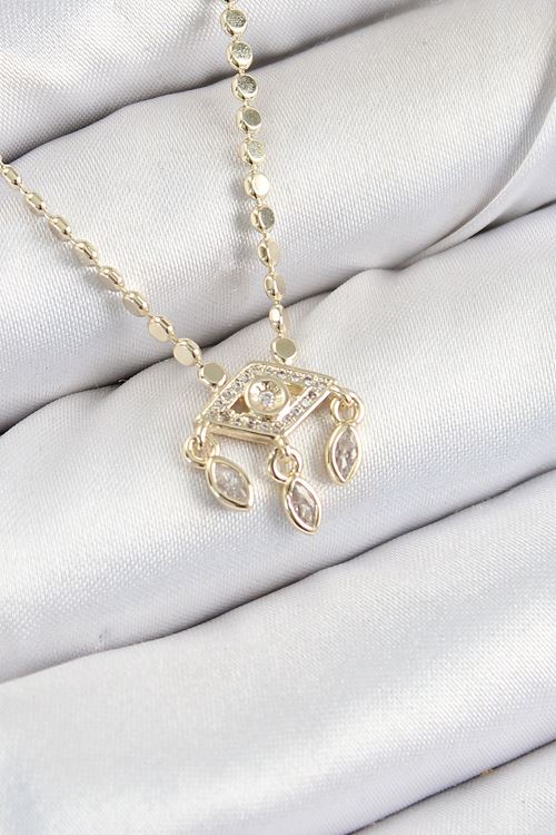 Pirinç Zirkon Taşlı Sallantılı Göz Model Ezme Zincir Gold Renk Kadın Kolye