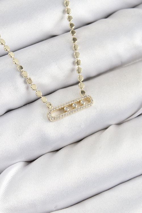 Pirinç Zirkon Taşlı Messika Model Ezme Zincir Gold Renk Kadın Kolye