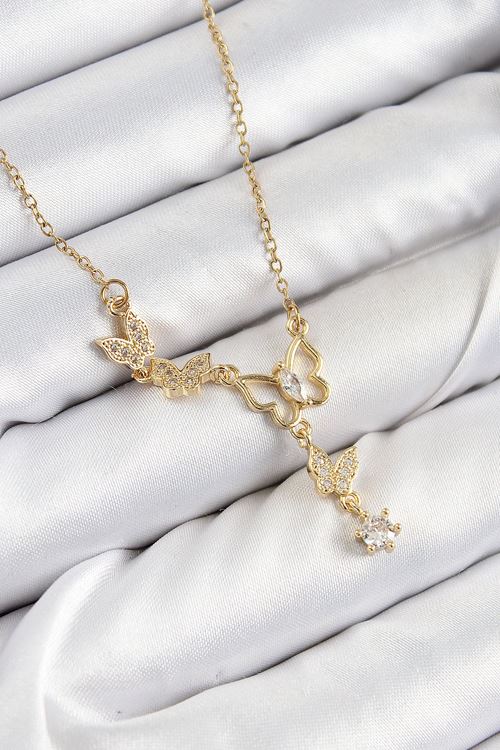 316L Çelik Zirkon Taşlı Kelebek Model Gold Renk Kadın Kolye
