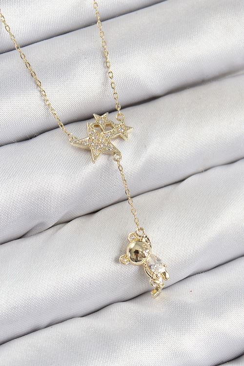 Pirinç Zirkon Taşlı Sallantılı Ayıcıklı Yıldız Model Gold Renk Kadın Kolye
