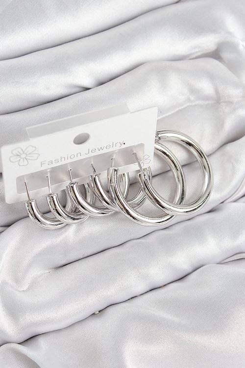 Pirinç Halka Model Gümüş Renk Kadın Set Küpe