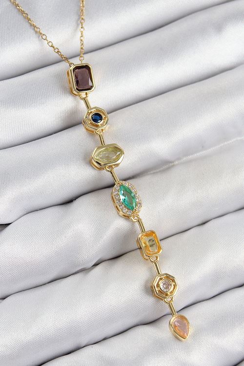 Pirinç Renkli Zirkon Taşlı Model Gold Renk 7 Element Kadın Y Kolye