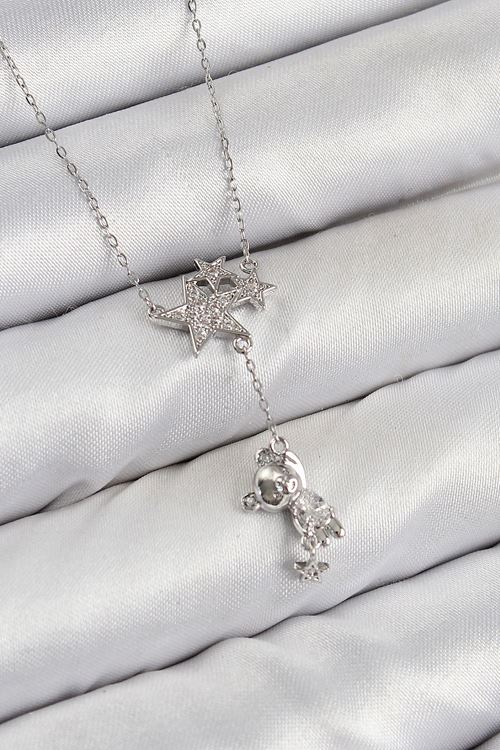 Pirinç Zirkon Taşlı Sallantılı Ayıcıklı Yıldız Model Gümüş Renk Kadın Kolye