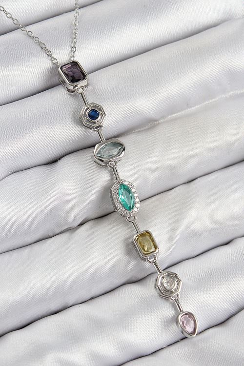 Pirinç Renkli Zirkon Taşlı Model Gümüş Renk 7 Element Kadın Y Kolye