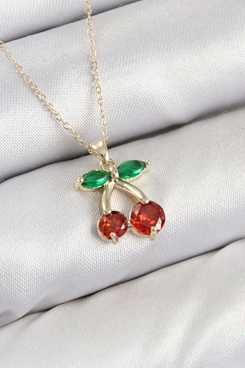 Pirinç Zirkon Taşlı Kiraz Model Gold Renk Kadın Kolye