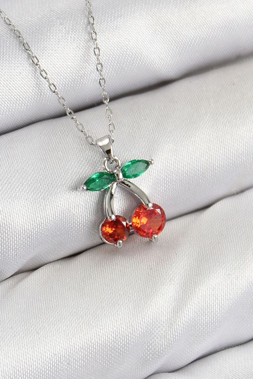 Pirinç Zirkon Taşlı Kiraz Model Gümüş Renk Kadın Kolye