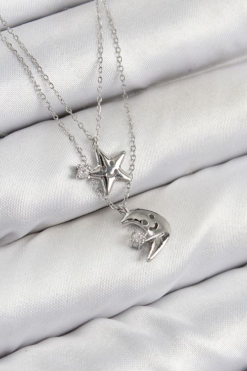 Pirinç Zirkon Taşlı Yıldız Ve Ay Model Gümüş Renk Kadın Kolye
