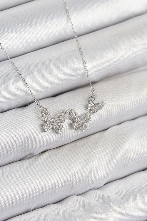 Pirinç Zirkon Taşlı Kelebek Model Gümüş Renk Kadın Kolye