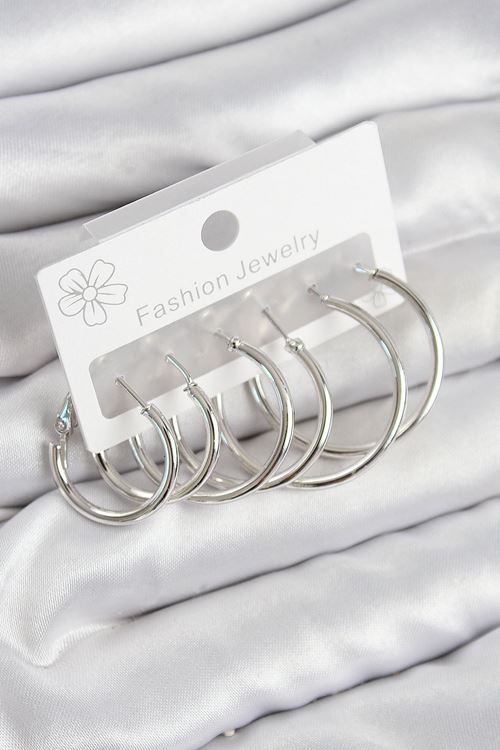 Pirinç Halka Model Gümüş Renk Kadın Set Küpe