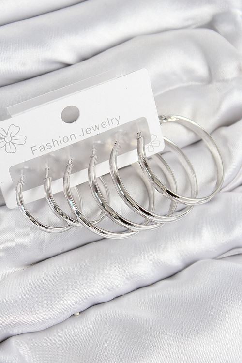 Pirinç Halka Model Gümüş Renk Kadın Set Küpe