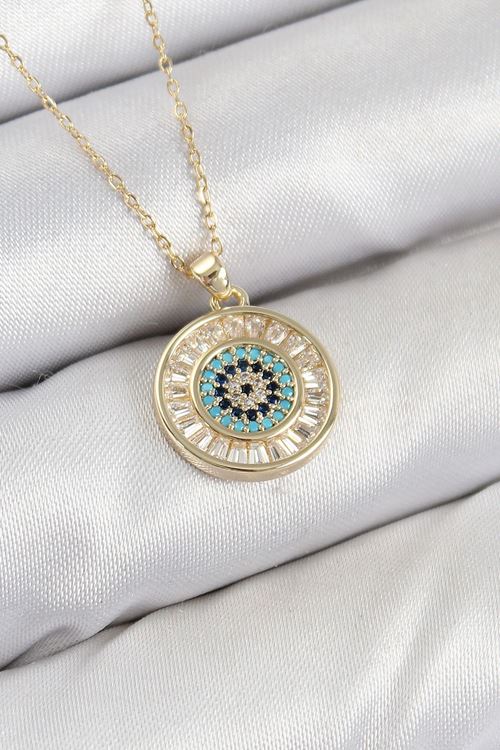 Pirinç Zirkon Taşlı Su Yolu Nazar Model Gold Renk Kadın Kolye