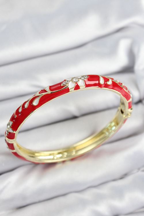 Mineli Pirinç Zirkon Taşlı Kırmızı Çiçek Motifli Gold Kadın Kelepçe