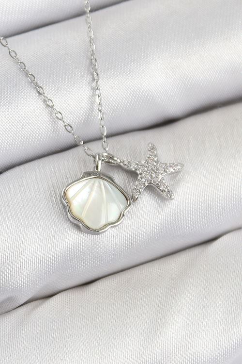Pirinç Zirkon Taşlı İstiridye Ve Deniz Yıldızı Model Gümüş Renk Kadın Kolye