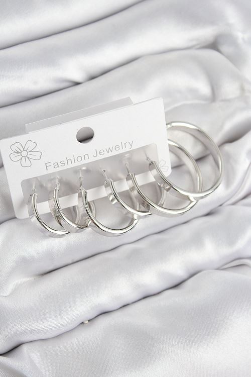 Pirinç Halka Model Gümüş Renk Kadın Set Küpe