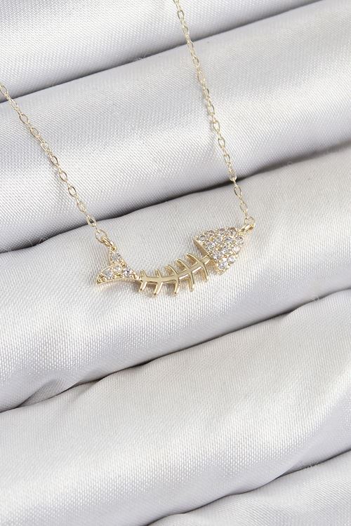 Pirinç Zirkon Taşlı Balık Kılçığı Model Gold Renk Kadın Kolye