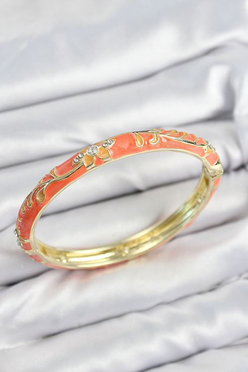 Mineli Pirinç Zirkon Taşlı Turuncu Çiçek Motifli Gold Kadın Kelepçe