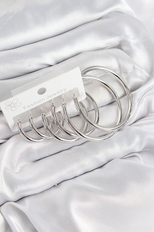 Pirinç Halka Model Gümüş Renk Kadın Set Küpe