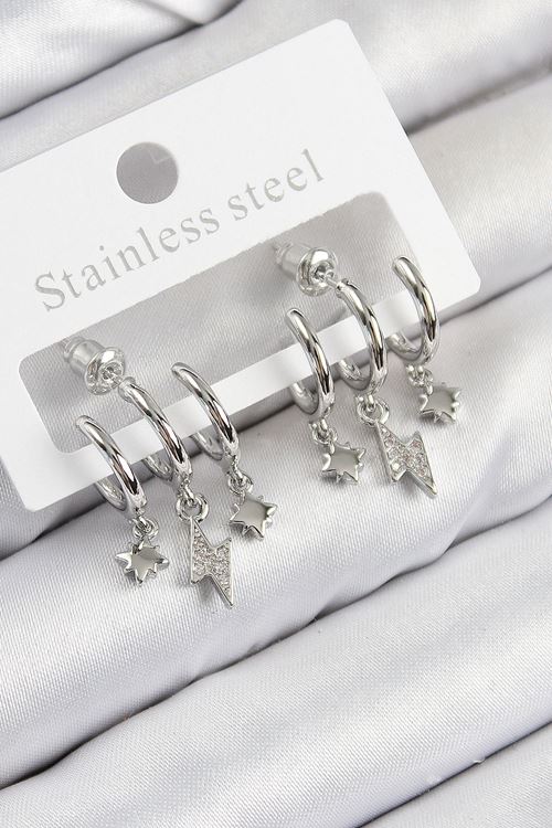 Pirinç Zirkon Taşlı Şimşek Model Gümüş Renk Kadın Küpe