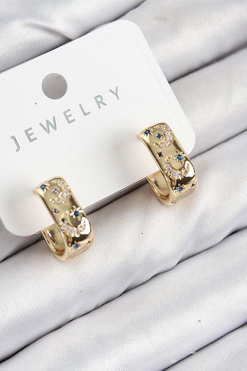 Pirinç Zirkon Taşlı Ay Desenli Model Gold Renk Kadın Küpe