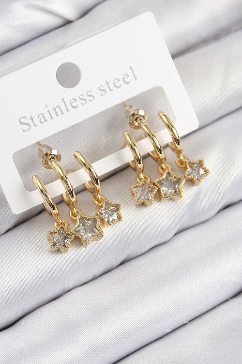 Pirinç Zirkon Taşlı Sallantılı Yıldız Model Gold Renk Kadın Küpe