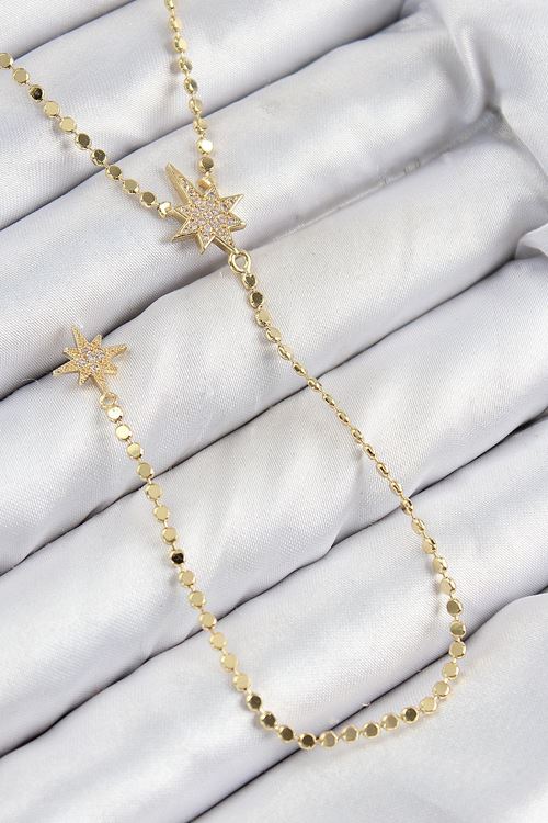 Pirinç Zirkon Taşlı Ezme Zincirli Kutup Yıldızı Model Gold Renk Y Kolye