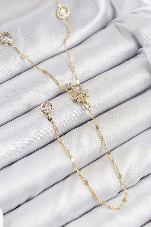 Pirinç Zirkon Taşlı Kutup Yıldızı Model Gold Renk Y Kolye