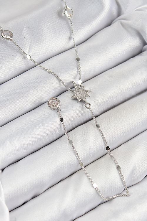 Pirinç Zirkon Taşlı Kutup Yıldızı Model Gümüş Renk Y Kolye