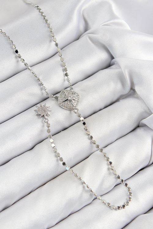 Pirinç Zirkon Taşlı Ezme Zincirli Madalyon Model Gümüş Renk Y Kolye