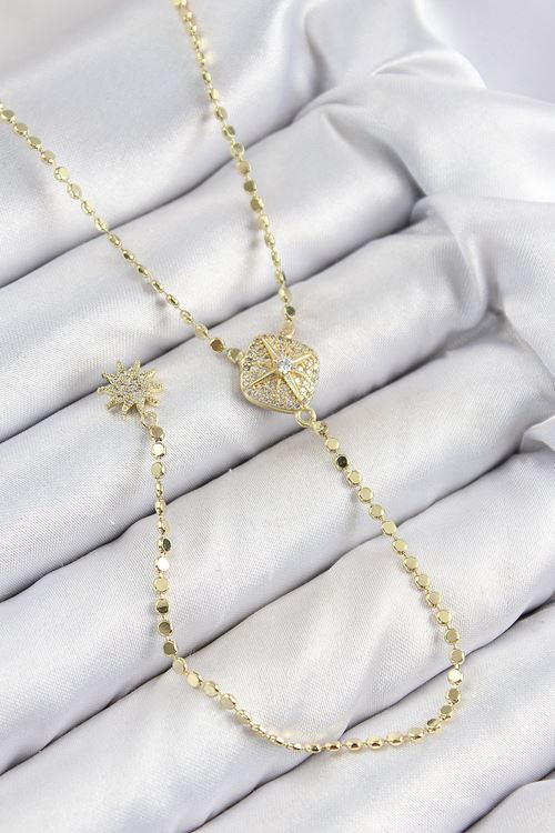Pirinç Zirkon Taşlı Ezme Zincirli Madalyon Model Gold Renk Y Kolye