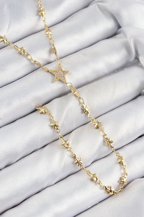 Pirinç Zirkon Taşlı Yıldız Model Gold Renk Y Kolye