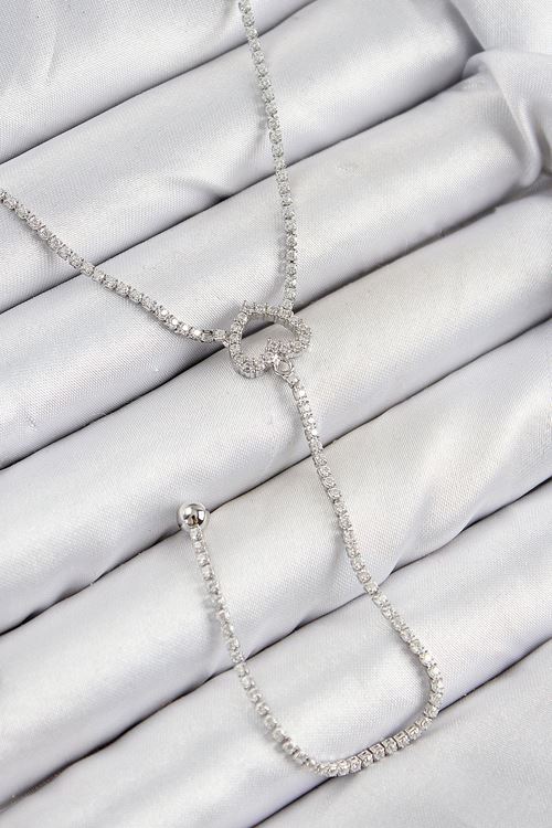 Pirinç Zirkon Taşlı Kalp Model Gümüş Renk  Y Kolye