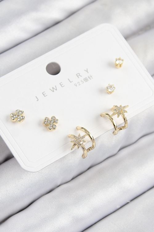 Pirinç Zirkon Taşlı Kutup Yıldızı Model Gold Renk 925 Ayar Gümüş Çivi Kadın Küpe Set