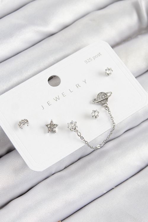 Pirinç Zirkon Taşlı Yıldız Ve Gezegen Model Gümüş Renk 925 Ayar Gümüş Çivi Kadın Küpe Set