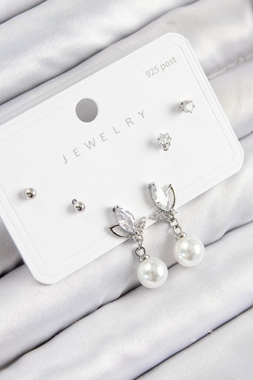 Pirinç Zirkon Taşlı İnci Sallantılı Damla Model Gümüş Renk 925 Ayar Gümüş Çivi Kadın Küpe Set