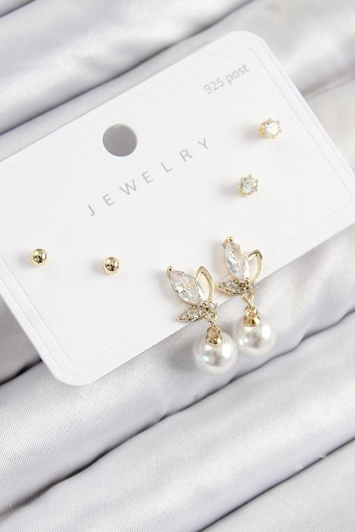 Pirinç Zirkon Taşlı İnci Sallantılı Damla Model Gold Renk 925 Ayar Gümüş Çivi Kadın Küpe Set