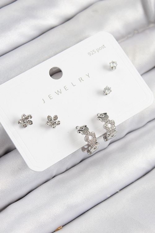 Pirinç Zirkon Taşlı Halka Model Gümüş Renk 925 Ayar Gümüş Çivi Kadın Küpe Set