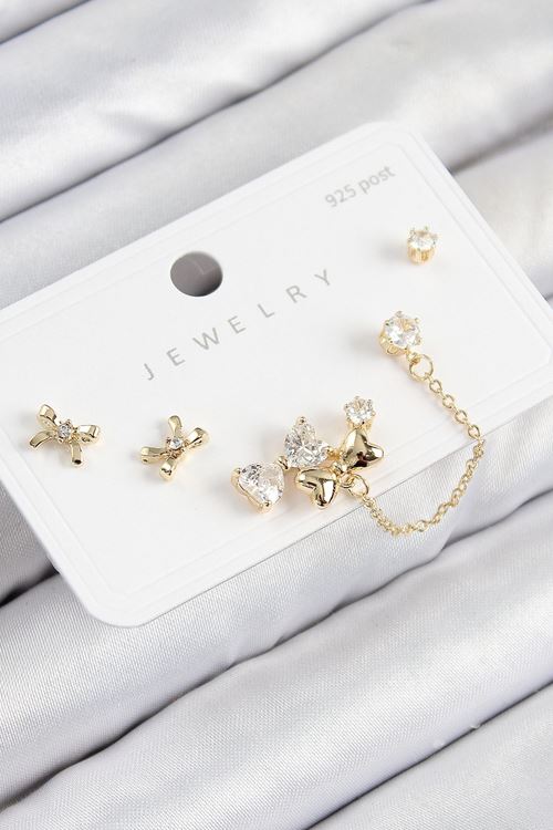 Pirinç Zirkon Taşlı Fiyonk Model Gold Renk 925 Ayar Gümüş Çivi Kadın Küpe Set