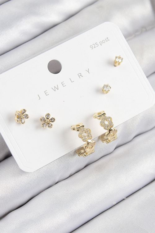 Pirinç Zirkon Taşlı Halka Model Gold Renk 925 Ayar Gümüş Çivi Kadın Küpe Set