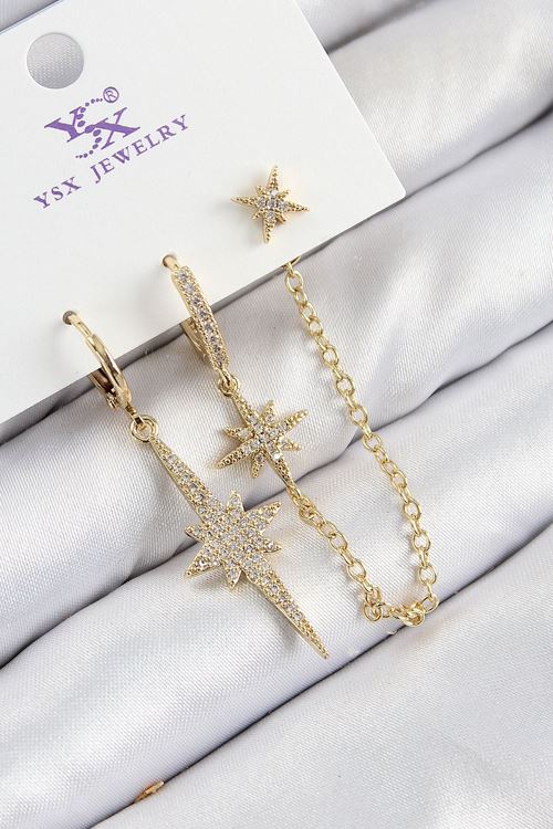 Pirinç Zirkon Taşlı 3'lü Kutup Yıldızı Model Gold Renk Kadın Küpe