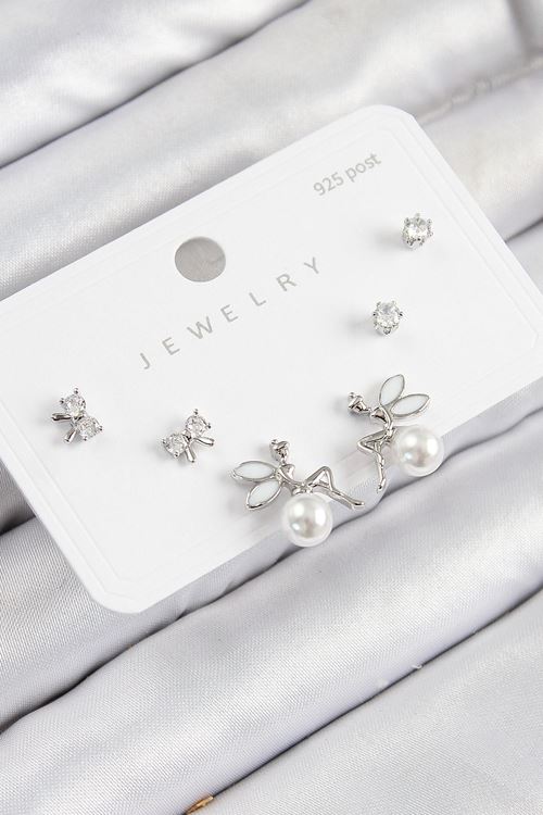 Pirinç Zirkon Taşlı İnci Melek Model Gümüş Renk 925 Ayar Gümüş Çivi Kadın Küpe Set