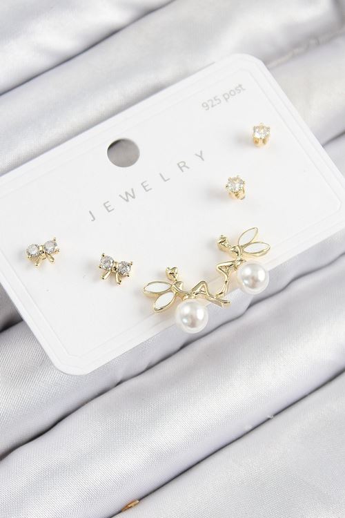 Pirinç Zirkon Taşlı İnci Melek Model Gold Renk 925 Ayar Gümüş Çivi Kadın Küpe Set